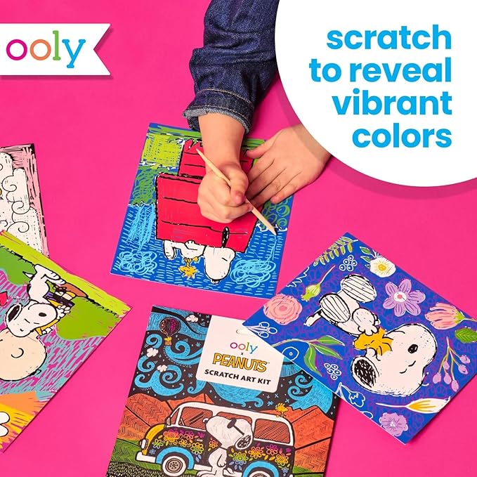 Ooly X Peanuts Scratch Art Kit - 12 Cards Featuring Snoopy, Woodstock and The Gang, Scratch Art Set Gifts for Kids, Travel-Friendly Craft Kit, Scratching Tool Included