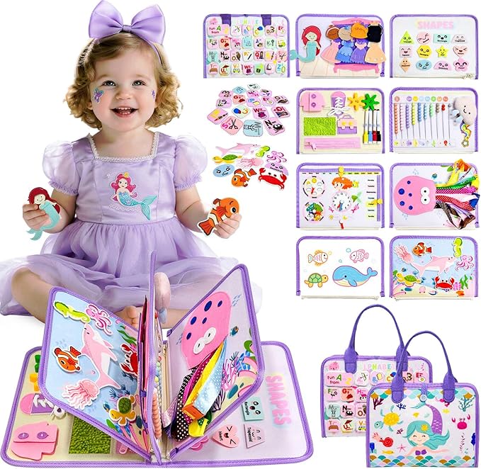 Toddler Busy Board Montessori Toys for Girls Birthday Gift, Sensory Busy Book Educational Learning Activity Board for Toddler Girls, Travel Activities Toys for Airplane Car