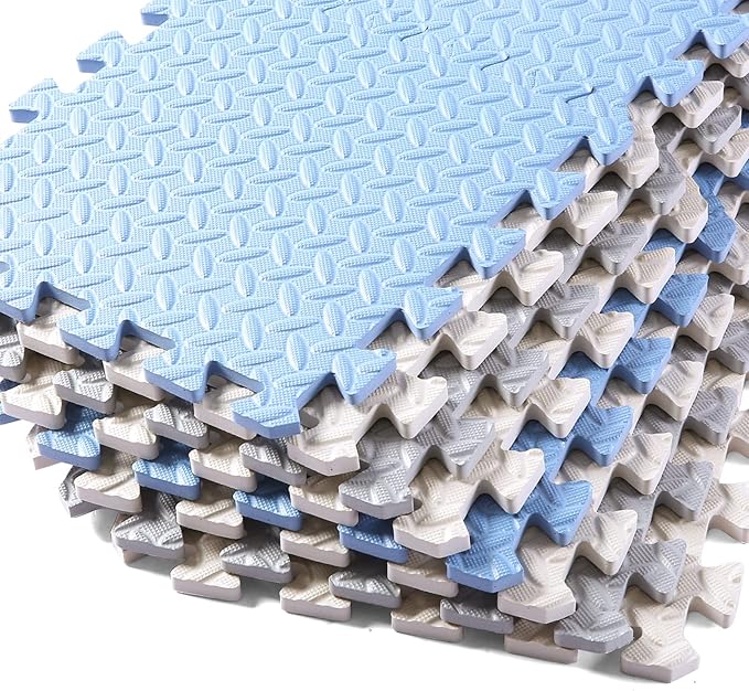 Foam Floor Mats for Kids, 12 x 12 Inch 16 Tiles 0.4" Thickness Foam Play Mat, Non-Toxic Square Interlocking Floor Mats Rubber Baby Play Mat for Toddlers(White/Gray/Gray Blue)