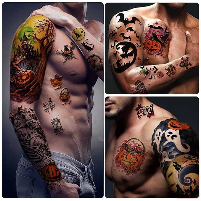 Yazhiji 40 Sheets Halloween Temporary Tattoos Pumpkin Witch Sugar Skull Tattoo Family Set Tats for Women Men Boys and Girls
