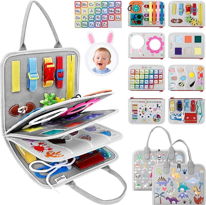 Busy Board Montessori Toys for 1 2 3 4 Year Old Boy & Girl Birthday Gifts, Autism Sensory Travel Toy for Toddlers 1-3, Educational Activity Sensory Board Learning Fine Motor Skills Toys, Gray