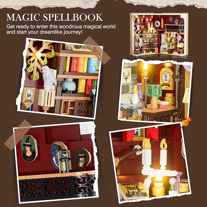 Magic Booknook Building Set with LED Light, 3.6mm Mini DIY Bookend Building Kit for Bookshelf & Home Decor, 1015 PCS Miniature Book Nook Building Block Model for Kids Adults Boys Girls Age 8+