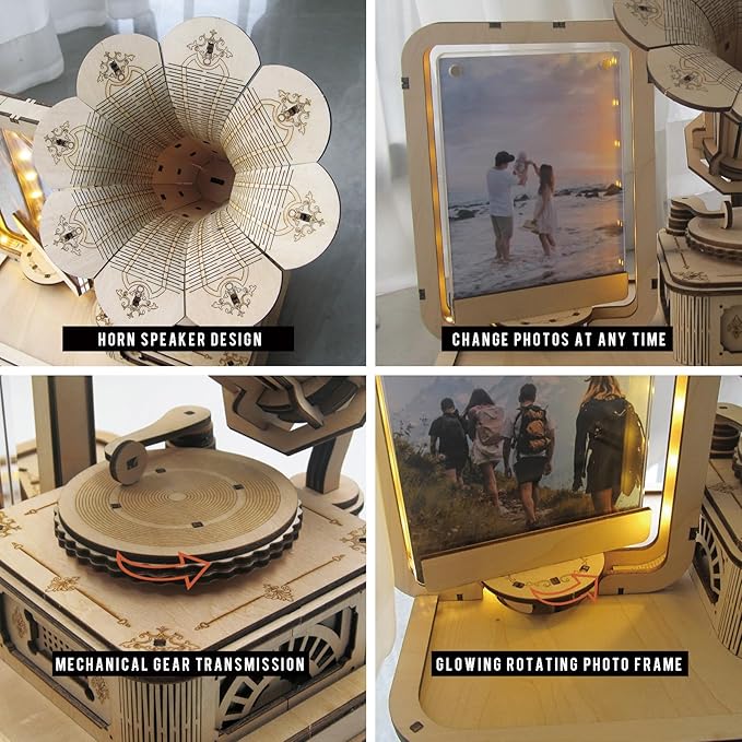 CUBERIE 3D Puzzles for Adults, Gramophone Wooden Model kit Music Box Gifts for Woman Man, Assembly Three-D Wood Puzzle Decor with Acrylic Picture Frame, Toys for Ages 14 and up