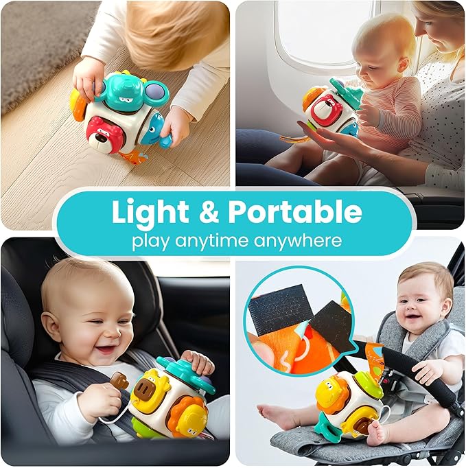 iPlay, iLearn 6 in 1 Baby Busy Board Cube, Montessori Sensory Toy Toddler 1-3, Infant Carseat Plane Travel, Kid Animal Cube Learning Activity, Easter Birthday Gift 6 9 12 18 Month 1 2 Year Girl Boy