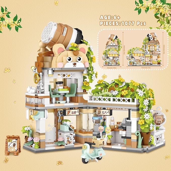Street View Coffee Shop Mini Building Blocks, MOC Creative Building Toys Cute Animals Building Set for Girls 6-12, Simulation Architecture Construction Toy, Gift Idea for Kids Adults (1077 PCS)