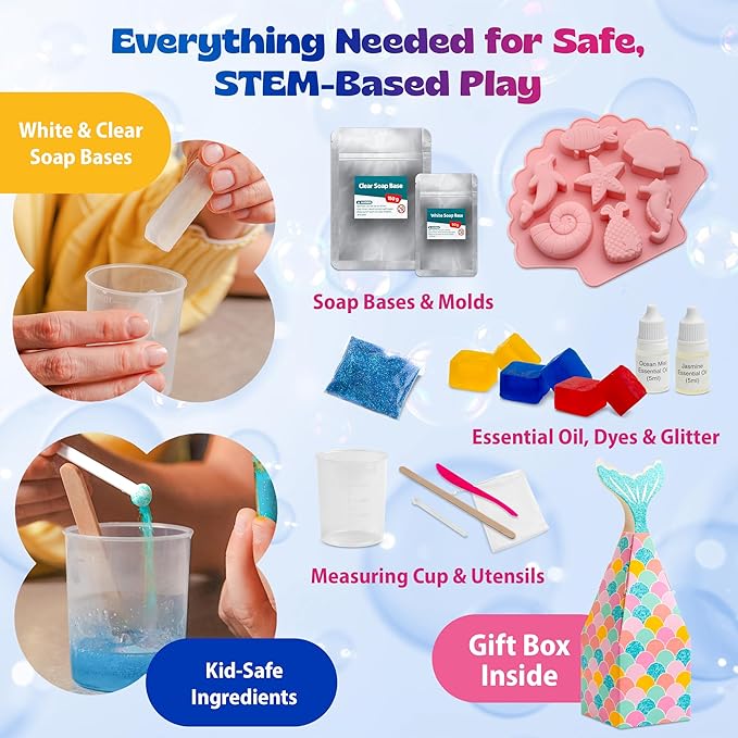 Pinwheel Crafts DIY Soap Making Kit for Kids Ages 5 6 7 8-12+ with Molds, Scents, Dye, Glitter, Foaming Net - Sealife Soap Making Kits for Adults Beginners Great for Science Projects and Crafts