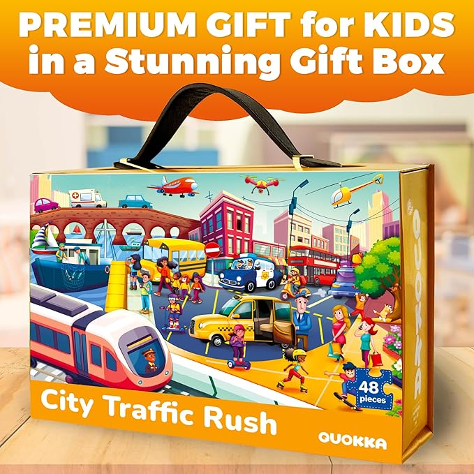 QUOKKA Giant Floor Puzzle for Kids Ages 4-6 – 2x3 Feet Extra-Thick 48 Pieces Toddler Puzzle Ages 3-5 – City Cars Educational Activity for Boys Girls – Premium Box with Sturdy Handle & Magnetic Closure