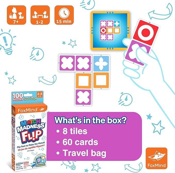 FoxMind Games: Match Madness Flip - Travel Sized Pattern Matching Puzzle Game, Develop Problem Solving-Logic-Fine Motor Skills, Kids 7+, 1-2 Players
