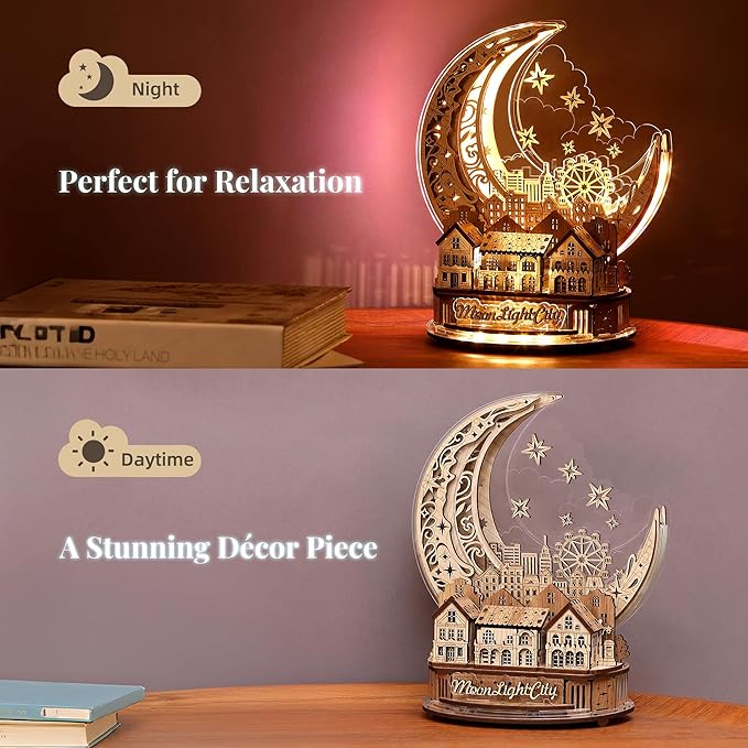 3D DIY Puzzle Moon City Model - LED 3D Wood Puzzle - 3D Wooden Puzzles for Adults Home Décor Gifts for Kids and Adults, White