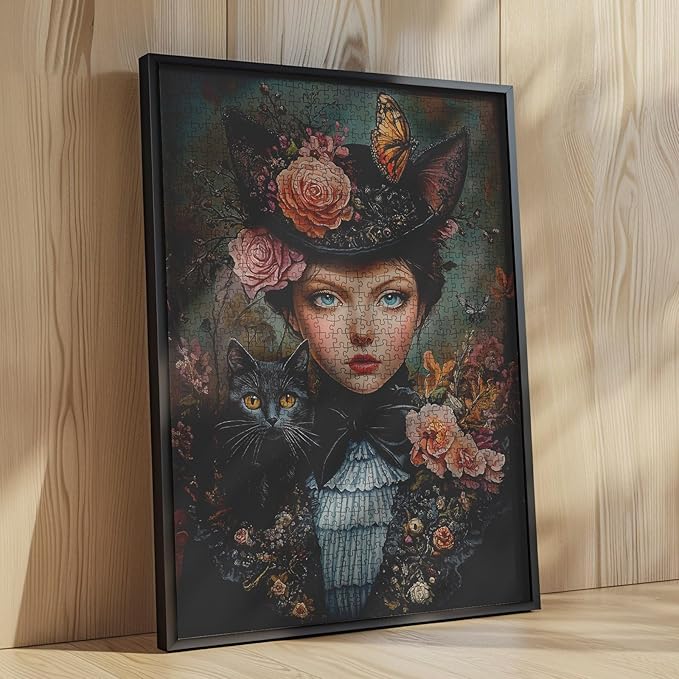 Flowers Girl 1000 Piece Jigsaw Puzzle Vintage Woman Educational Toys for Adults Gifts Beauty Women and Cat 1000 Piece Jigsaw Puzzle for Adults Challenging Puzzle Perfect for Game Nights