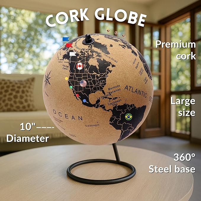 Large Cork Globe 12.6" Tall | World Travel Map with Metallic, Colored & National Flags Push Pins | 3D World Map Pin Board for Home or Office | Unique Gift for Travelers, Couples & Families
