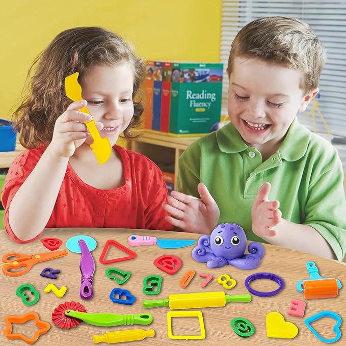 Dough Tools 55 PCS Dough Play Tools Set for Kids, Plastic Alphabet Numbers Shapes Cutters, Rollers, Scissors