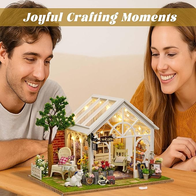 Flever DIY Miniature House Kit, Tiny Home Kit with LED Light, Mini House Build Craft Kits for Adults and Teens, Home Decor Creative Gift for Family/Friends (Sunshine Greenhouse)