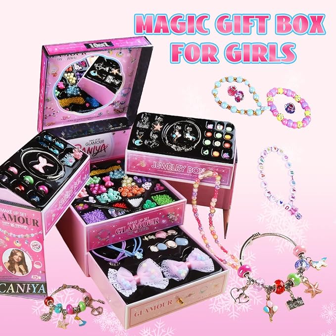 Tuehakny 10-in-1 Jewelry Craft Kit for Girls Ages 4-12, 3000+ Non-Toxic Beads, Charms & Elastic String with Layered Storage Box, DIY Bracelet Necklace Maker Kit, Birthday Christmas Gifts for Kids