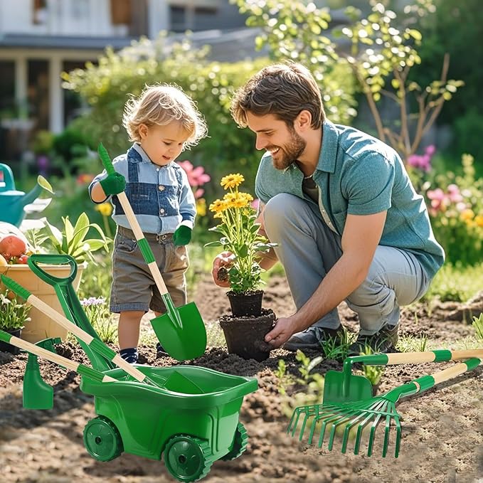 Duckura Kids Gardening Tools Set - 10pcs Wheelbarrow Set for Kids with Shovel, Rake, Leaf Rake, Summer Outdoor Yard Digging Weed Toys, Halloween Birthday Gifts for Boys Girls Age 2 3+ Years Old(Green)