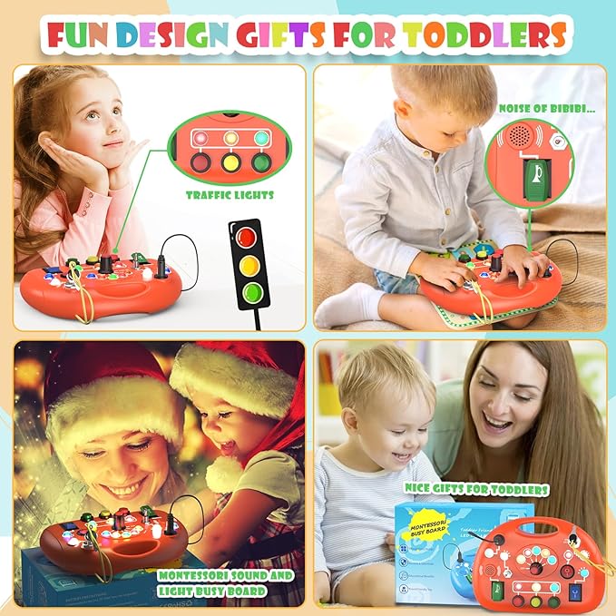 Montessori Busy Board for 1 Year Old, Busy Board with LED Light, Baby Sensory Board Toddler Travel Toys for Kids Preschool Learning Activities Boys & Girls Birthday (Orange)