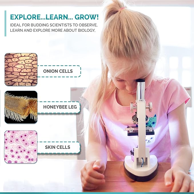AMSCOPE-Kids 120X-1200X White Metal Arm Starter Kids Student Microscope Kit and Compact Refractor Telescope with Tripod - M30-ABS-KT2-W-TKVB1
