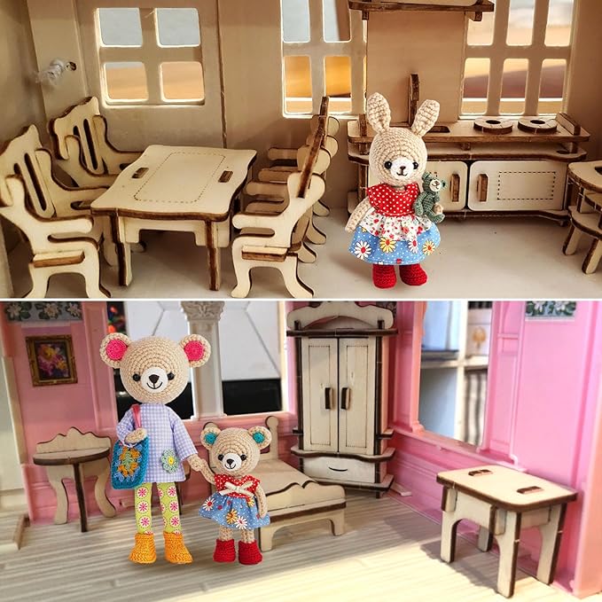 LOVEINUSA DIY Wooden Dollhouse Furniture Set, 3D Puzzle Miniature Room Accessories, Natural Wood (Pack of 2)