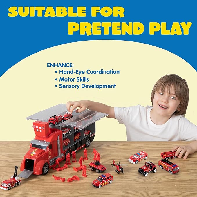 JOYIN 25 in 1 Fire Truck Vehicle Toy Set with Sounds and Lights, Fire Engine Vehicles in Carrier Truck, Mini Rescue Emergency Car Toy, Christmas Birthday Gifts for Over 3 Years Old Boys