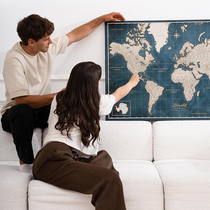 Canvas World Map with Cork Pin Board - English Lettering - Decorative Wall Decoration for All Rooms - Canvas Pictures with World Map Motif (120x80 cm, Pattern 19)