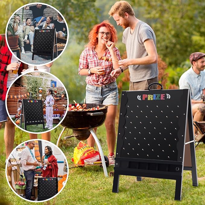 Prize Drop Game Board, 21"x30" Foldable Double-Sided Design with Wooden A-Frame Chalkboard Sign for Carnival, Trade Show, and Party - Includes Coin Drop Discs and Chalk Set, Upgraded Handle Design