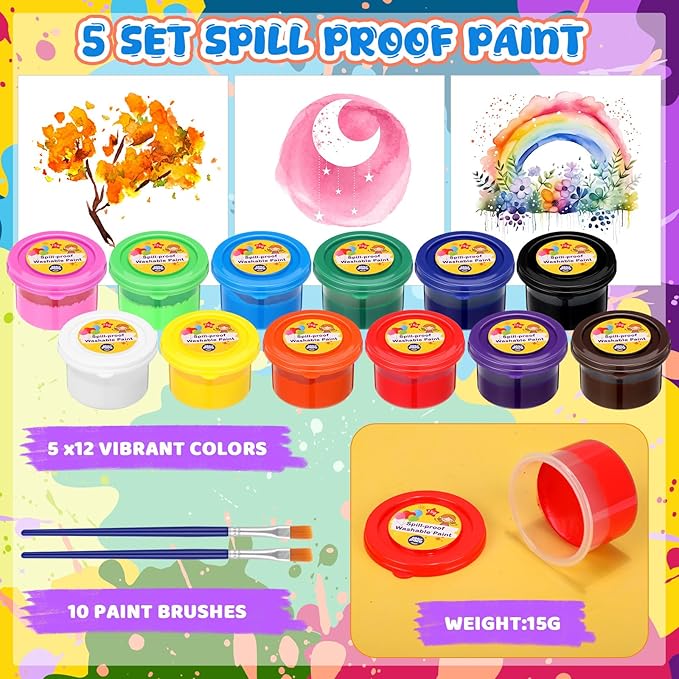 Nuanchu 60 Pcs Spill Proof Paint Set 12 Color Washable Paint for Kids Includes Brushes Craft Supplies for Paper Wood Poster Canvas Art Holiday Gift Kid Toddlers Ages 3+ (5 Set)