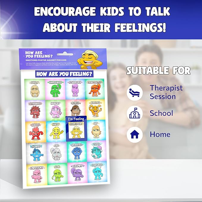 Magnet Feelings Chart for Kids and Toddlers-with Laminated Coat for Extra Protection Feelings Poster for Classroom,Therapy or Home - Emotions Poster Attach to Metal Surfaces, Fridge,Lockers and Doors