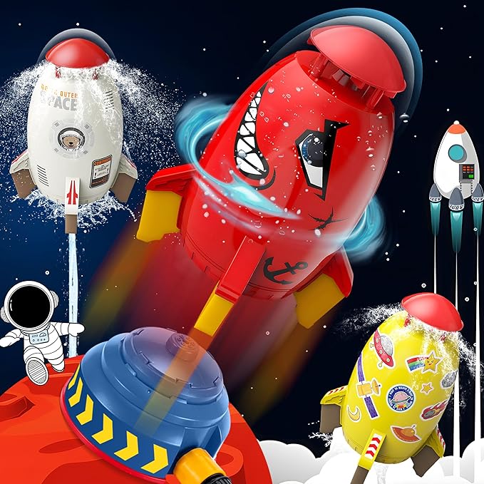 Water Rocket Sprinkler for Kids, Outdoor Sprinkler Rocket Launcher Toy for Backyard, Summer Water Toys for Kids Ages 3-12, Fun Water Powered Rocket Toy (Red-3)