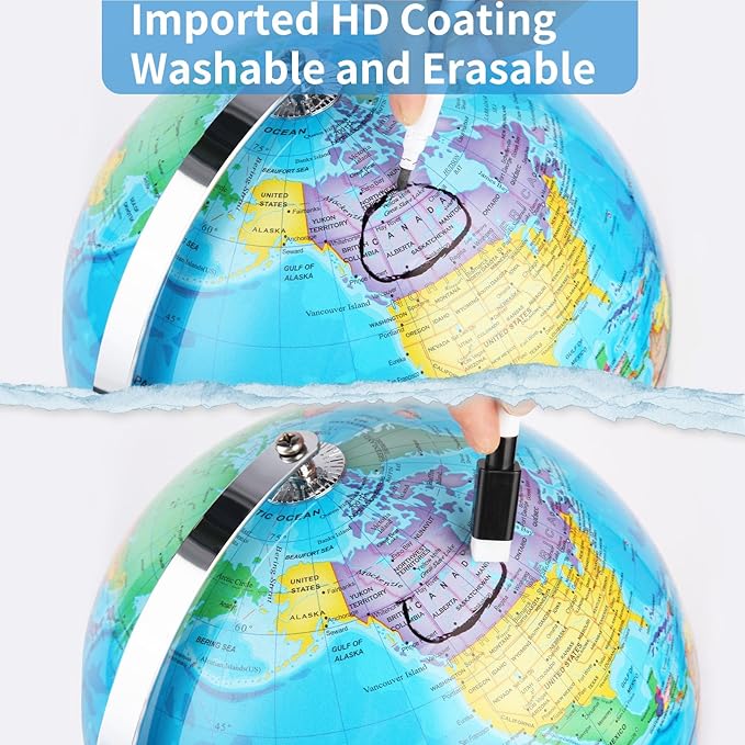 9'' Globe for Children World Globe with Stand Rewritable Easy-Read High Clear Map Earth Globes for Adults, Educational Interactive Globes for Kids Learning STEM Toy Present for 3+ Years Old