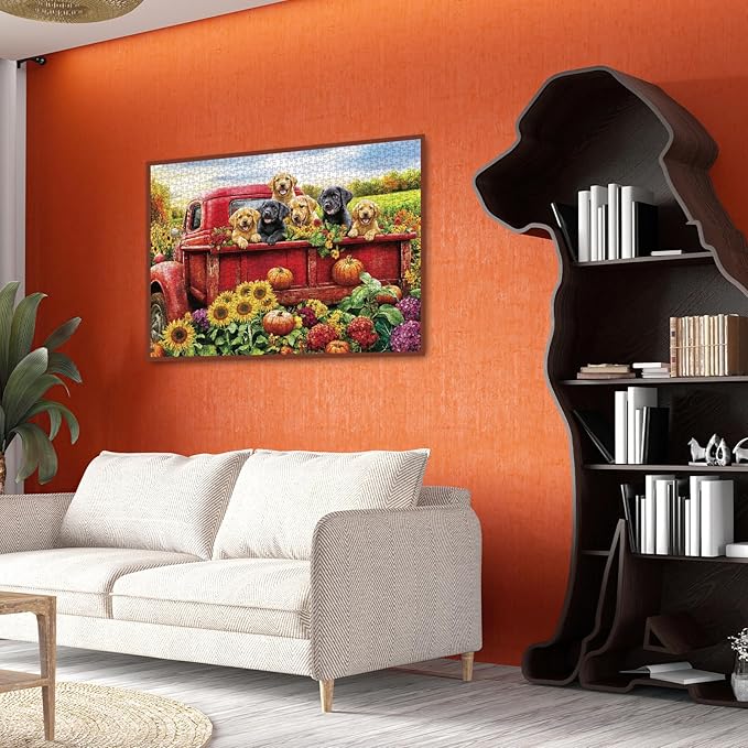 Dog Truck Flower Puzzle 1000 Pieces for Adults, Farm Fall Autumn Sunflower Jigsaw Puzzle, Animal Country Vintage Funny Puzzles