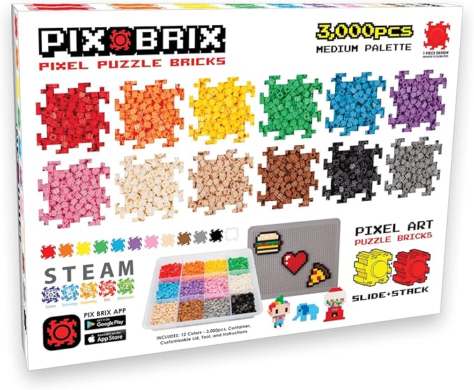 Pix Brix Pixel Art kit Puzzle Bricks - 3,000 Piece Pixel Art Container, 12 Color Medium Palette - Interlocking Building Bricks, Create 2D and 3D Builds Without Water or Glue - Stem Toys, Ages 6 Plus