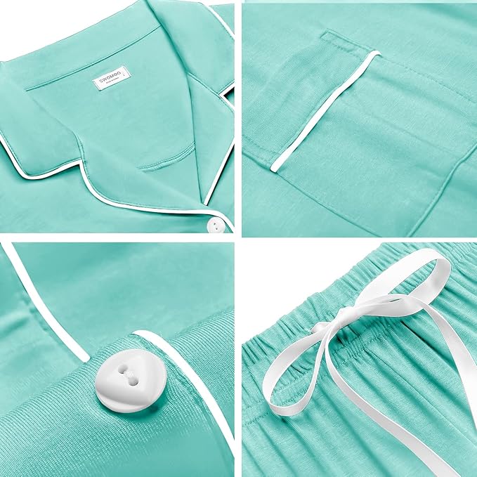 SWOMOG Womens Button Down Pajamas Set Short Sleeve Sleepwear Bride Soft Pj Lounge Sets XS-3XL