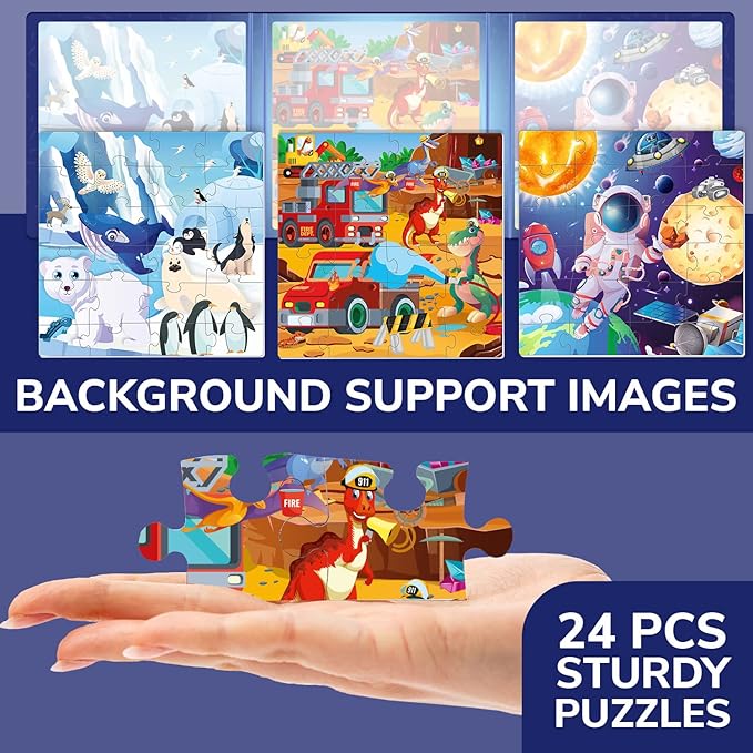 QUOKKA Magnetic Toddler Puzzles Ages 2-4 - 24 Pieces Kids Puzzles Ages 3-5 - Travel Games for Kids 4-6 Boys and Girls - Learning Animal, Space, Dino Car Airplane Road Trip Activities