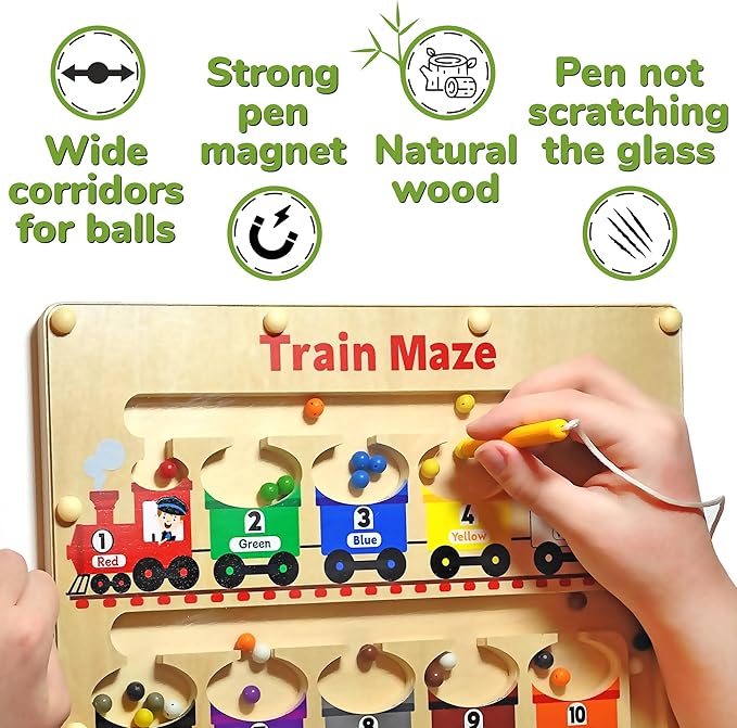 Panda Brothers Magnetic Color and Number Maze with Long Pen Handle, Color Learning Busy Board for Kids, Wooden Montessori, Fine Motor Skills and Educational Toys, Magnetic Maze Toys for Toddlers 1-3