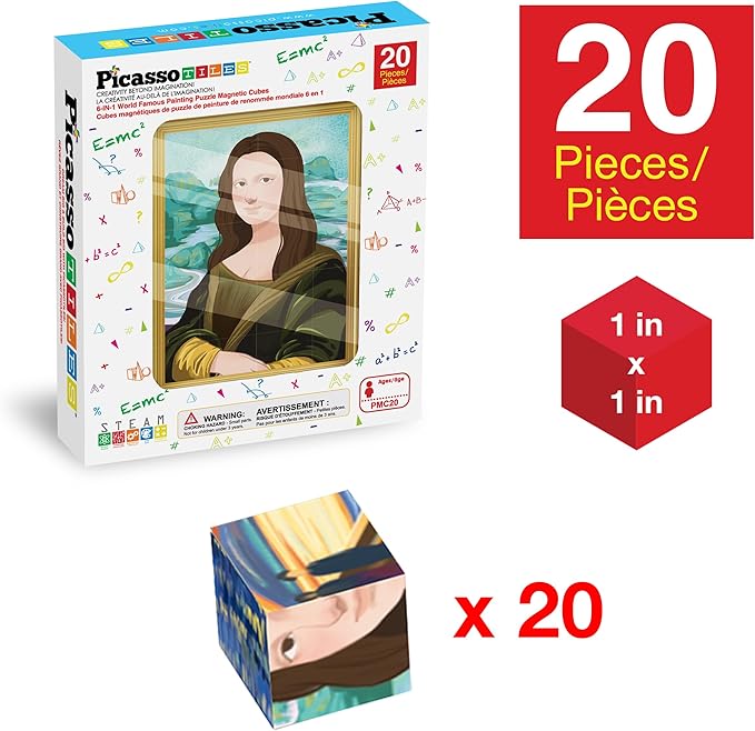 PicassoTiles 20pcs 1” Magnetic Puzzle Building Cubes Blocks for Kids, Van Gogh, Mona Lisa Hand Puzzle, STEM Magnet Toy Mix&Match Educational Popular Art Kids Toys 3+ Year Old boy Girl PMC20