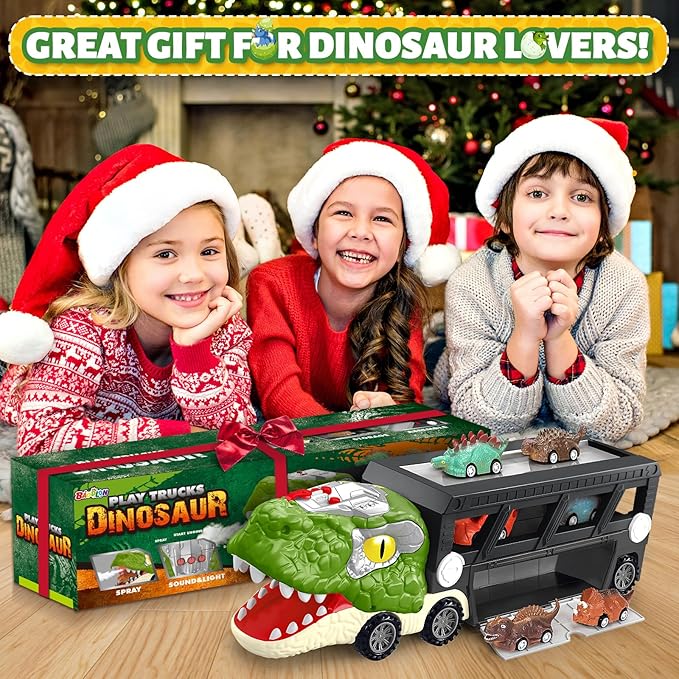 Dinosaur Toys for Kids 3-5, 5-7, Dinosaur Transport Carrier Truck with 10 Mini Car, Dinosaur T-Rex Cars Track Set for Toddlers 3-4 with Spray & Light & Sound, Birthday Gifts for 3 4 5 6 Year Old Boy