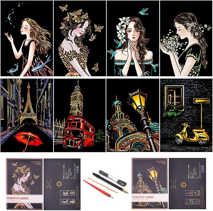 Rainbow Scratch Painting Paper By BOTEEN, City Series Night Scene,Scratch Painting Creative Gift,Scratchboard for Adult and Kids,with 4 Tools,Size:11.7''x8.3''（8pack）