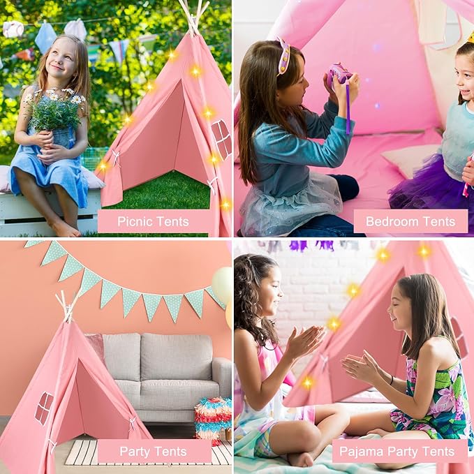 6 Packs Pink Teepee Tent for Kids with 10FT String Lights, Indoor Outdoor Play Teepee Tent for Girls & Boys, Foldable Tents for Birthday Party Boho Sleepovers Party Pajama Party