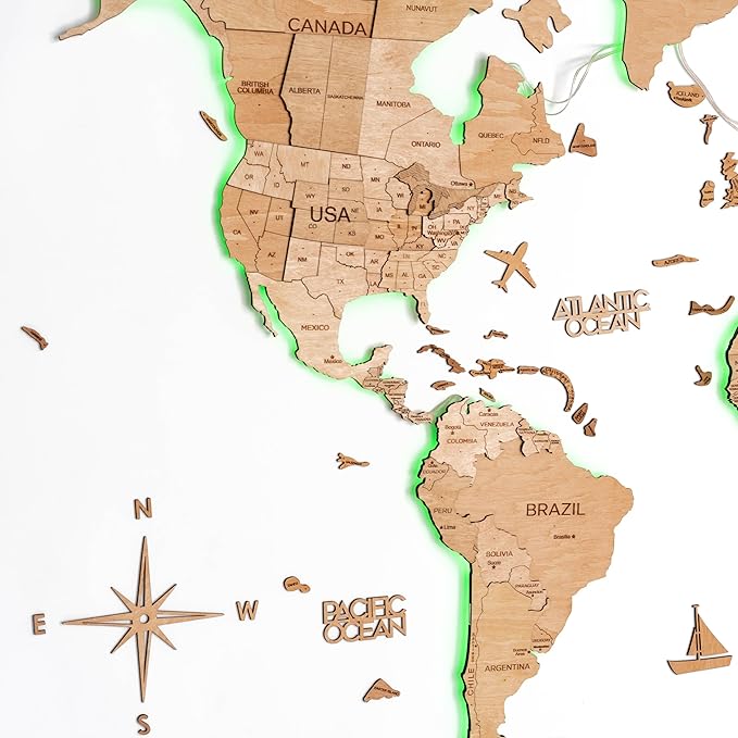 Enjoy The Wood 3D Wood World Map LED 3.0 Wall Art Modern Home Decor Gifts LED Lighting Wall Decor Housewarming Gift (Light)