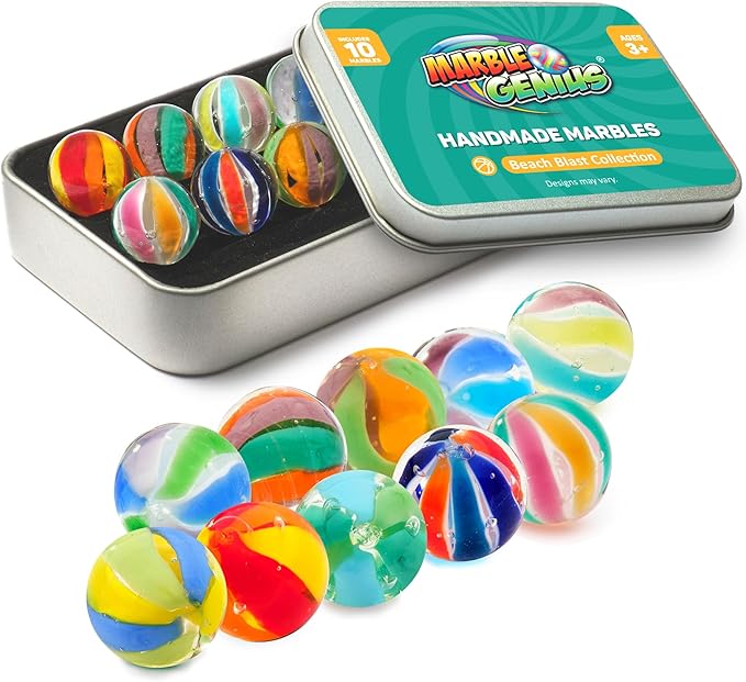 Marble Genius Handmade Glass Marbles - 16mm (5/8 in) Beach Blast, 10-Count - Beach Ball Pattern & Solid Glass Spheres for Collection & Marble Run