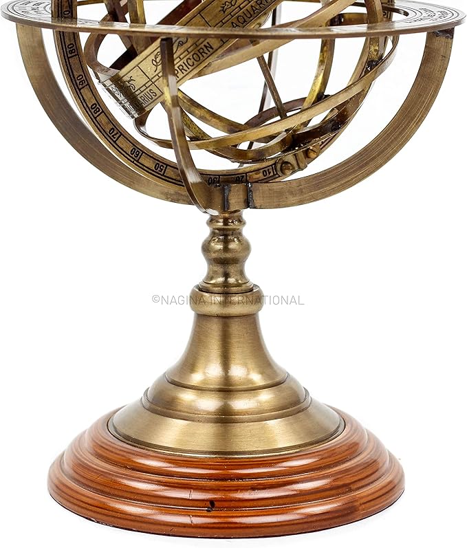 Nagina International Antique Vintage Zodiac Armillary Brass Sphere Globe Wooden Display | Pirate's Antique Ship Decor (Medium, Antique Brass)
