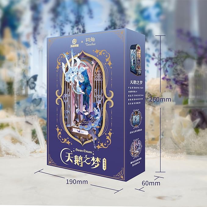 Tonecheer DIY Book Nook Kit for Adults, 3D Wooden Puzzle Music Box Bookend, Rotation Miniature House Booknook Bookshelf Insert Decor with Dust Cover and LED Light (Swan Dream)