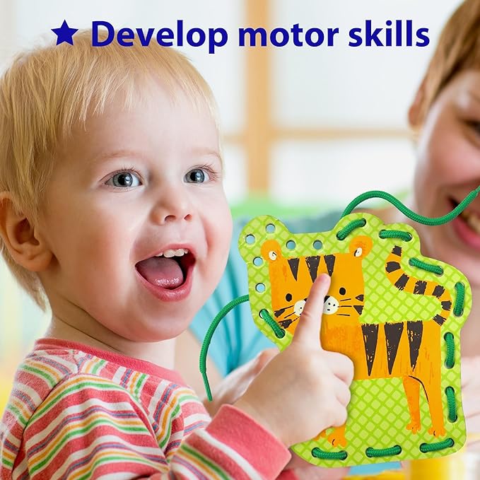 KRAFUN Safari Animal Preschool Arts & Crafts Lacing Kit, 10 Easy Lacing Cards for Toddlers Fine Motor Skills
