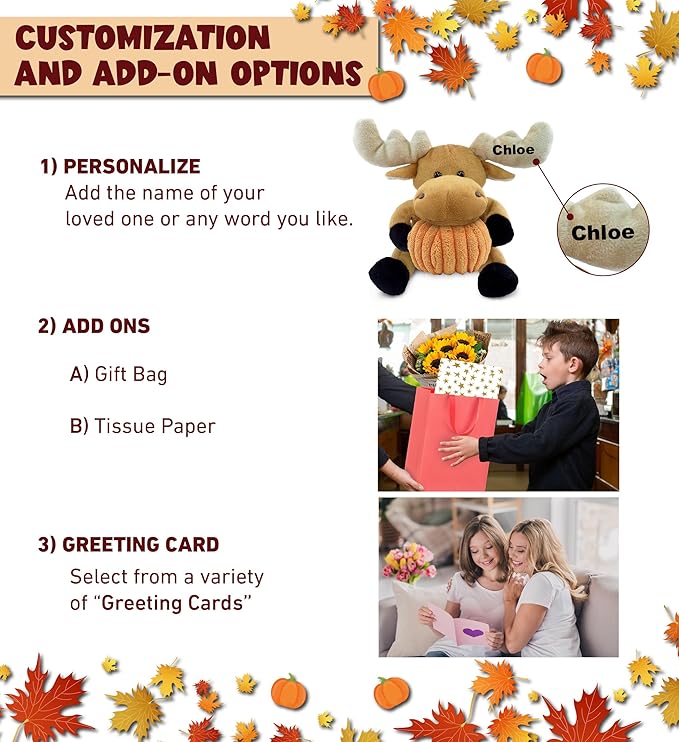 DolliBu Super Soft Moose Stuffed Animal with Pumpkin Decor and Name Personalization - Pumpkin Plush Animal for Fall, Halloween and Thanksgiving for Baby, Kids, Adults - 6 Inch