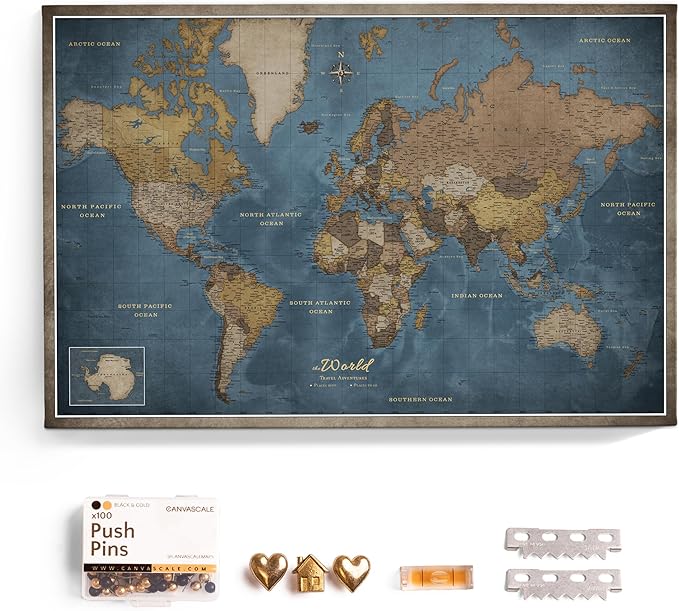 Canvas World Map with Cork Pin Board - English Lettering - Decorative Wall Decoration for All Rooms - Canvas Pictures with World Map Motif (150x100 cm, Pattern 13)
