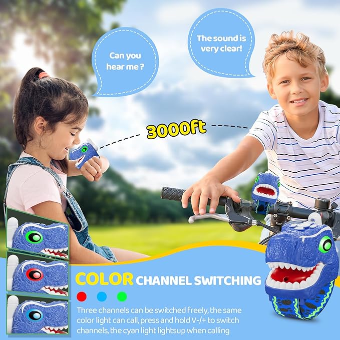 Dinosaur Walkie Talkies for Kids 3 Pack Camping Gear T-Rex Outdoor Toys for Boys Girls Age 3-12 Year Old 3 Channel Long Range Birthday Gifts Easter Christmas Stocking Stuffers Blue