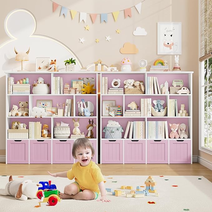 FINETONES Toy Storage Organizer, Kids Bookshelf with 4 Movable Chests and 7 Storage Cubes, Toy Chest Storage with Hidden Wheels, Toy Organizers and Toy Storage, Pink