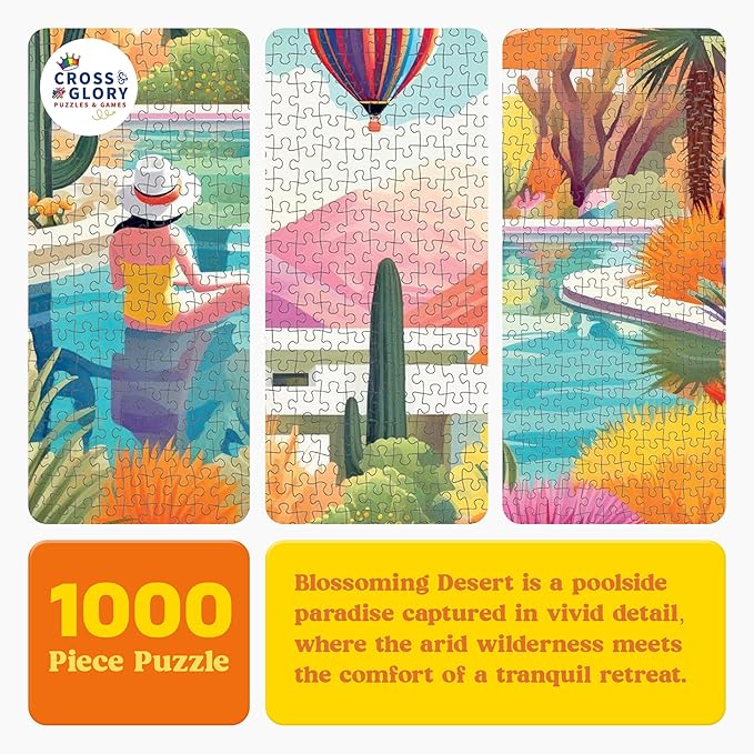 Cross & Glory Jigsaw Puzzles 1000 Pieces - Blossoming Desert: Poolside Paradise - 1000 Piece Landscape Puzzles for Adults | Vibrant Colors | Desert Cactus Succulent | 20x27 Inches | Adult Challenge