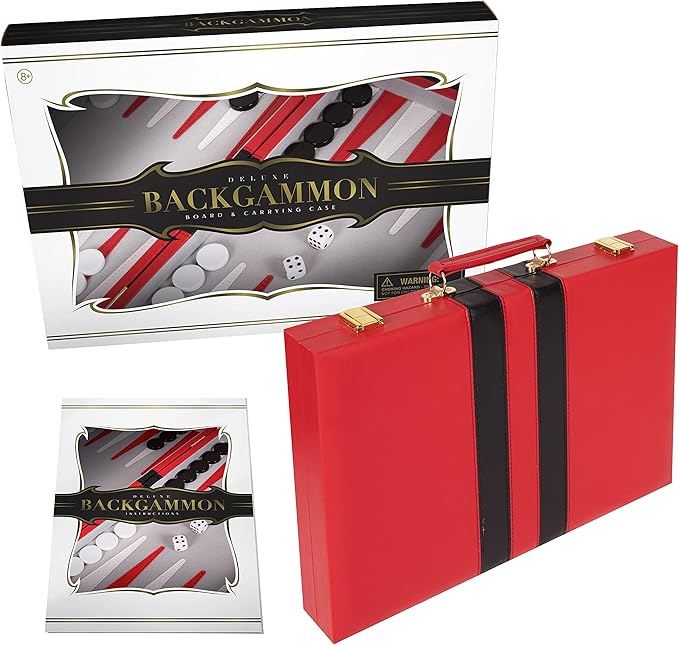 Backgammon Set 18 inch, Large - Classic Board Game for Adults and Kids with Premium Leather Case - Includes Strategy & Tip Guide (Red)