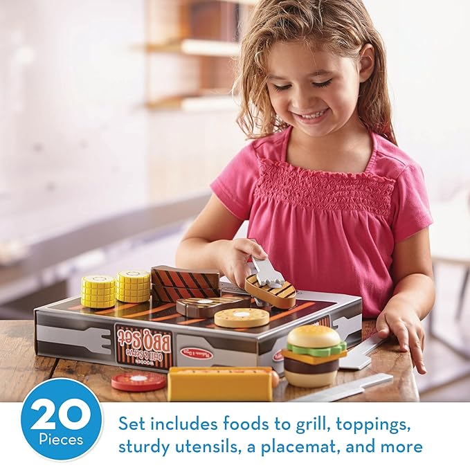 Melissa & Doug Grill and Serve BBQ Set with Pretend Play Toy Food & Kids Play Kitchen Accessories, Preschool Learning Toys for Girls & Boys 3+
